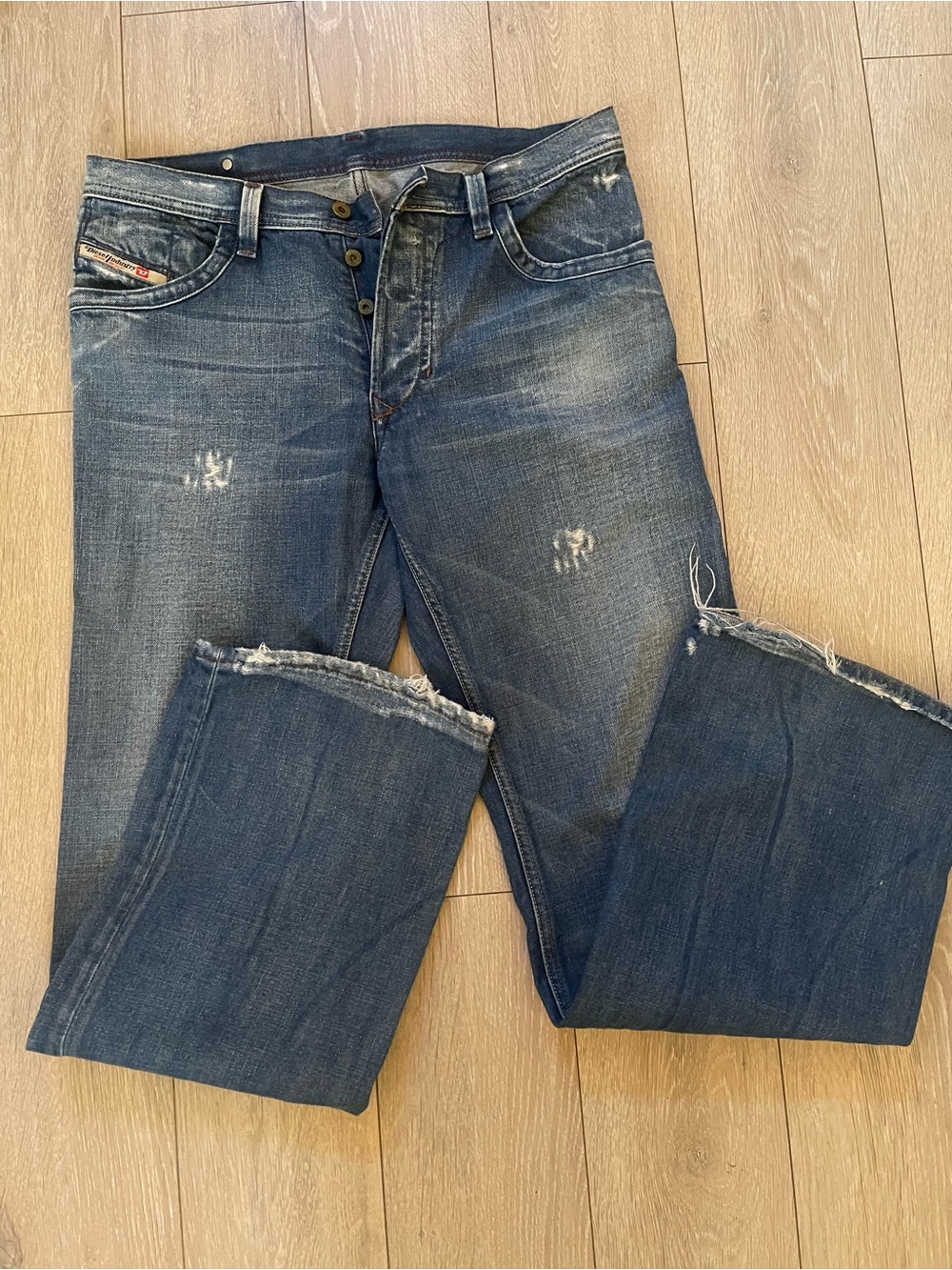 Diesel Men's Dark Blue Distressed Bootcut Jeans